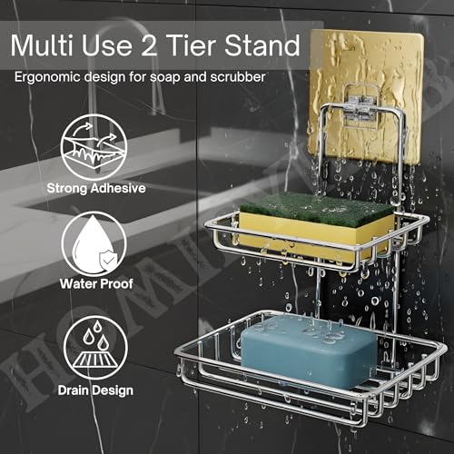 Image of Double Layer Soap Stand for Bathroom | Soap Holder for Bathroom Stickable | Self Adhesive Wall Mounted Stainless Steel Soap Dish | No Drill Soap Tray Waterproof Rust-Proof (Set of 1)