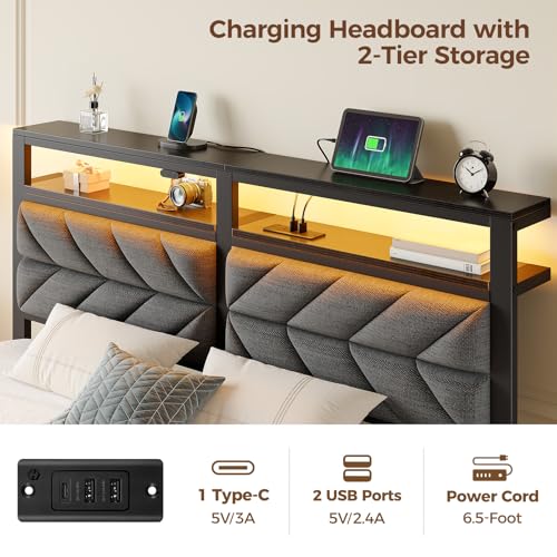 Image of Seventable Bed Frame Full Size with Charging Station, LED Bed with Upholstered Storage Headboard, Metal Platform Bed with Under Bed Storage, No Box Spring Needed, Noise Free, Easy Assembly, Grey