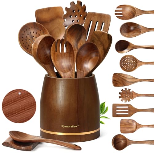 La mejor selección de Utensilios comprados en linea. 47 Spardar Cucharas Cocina, 12 Piezas Cucharas de Madera para Cocinar, con Porta Utensilios de 4,2', Reposacucharas, Soporte para Ollas, Ideal Como Decoración de Cocina y Regalo de...