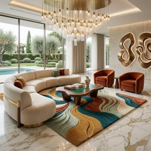 Image of Hand Tufted Premium Wool Abstract Wave Design Carpet for Living Room, Bedroom, Office & Home Decor Size 12x18 Feet