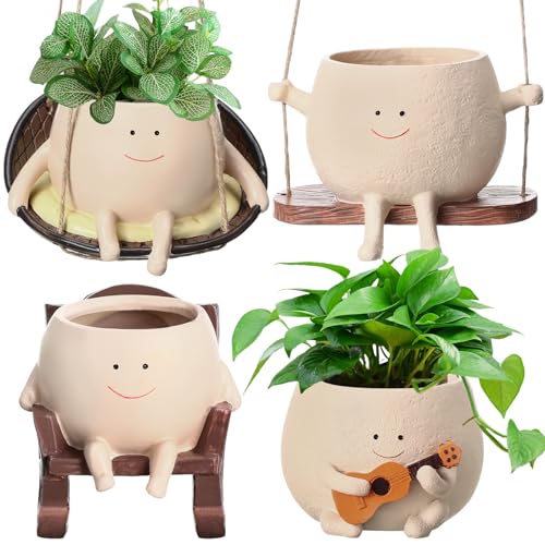 RimCereal 4 Pack Smile Face Planter Pot Small Hanging Swinging Planter Cute Holder for Indoor Outdoor Plants Funny Swing Gifts for Mothers Day Birthday Christmas