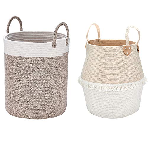 LA JOLIE MUSE Woven Basket Rope Storage Baskets Large Cotton Organizer 16 x 14 x 14 Inches and 16 x 15 x 12 Inches Cotton Blanket Organizer, Baby Nursery Containers White Home Decor Gift