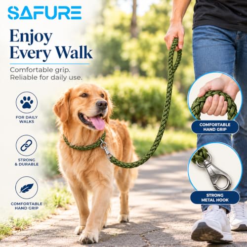 Image of Dog Leash Heavy Duty, Braided Nylon 120 cm Long and 3 cm Wide Dog Belt for Large Dogs and Medium Dogs, Walking Rope with Loop Handle and Swivel Metal Hook (Green)