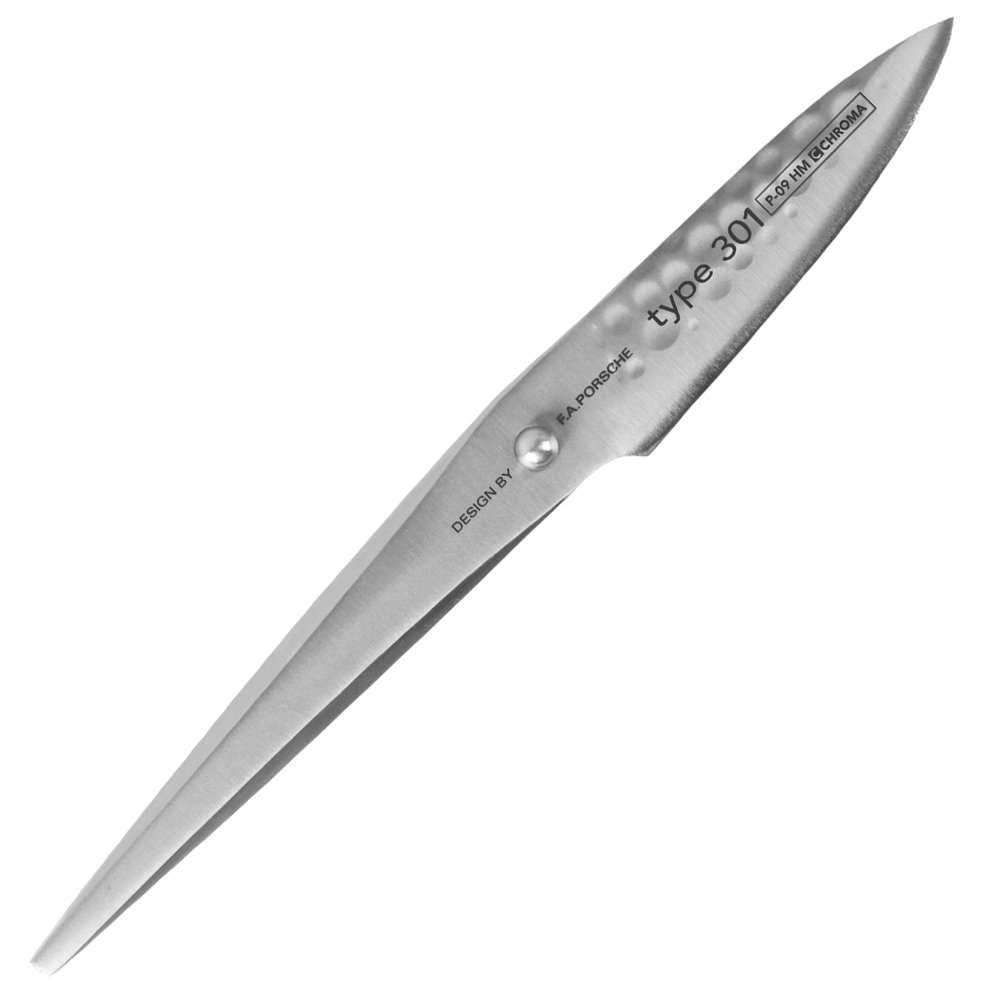 Chroma Hammerschlag Messer Type 301 HM, Design by F.A. Porsche, P-09 HM – Schälmesser mit 7,7 cm Klinge, Extra scharfes Gemüsemesser, Obstmesser gehämmert mit ergonomischem Griff