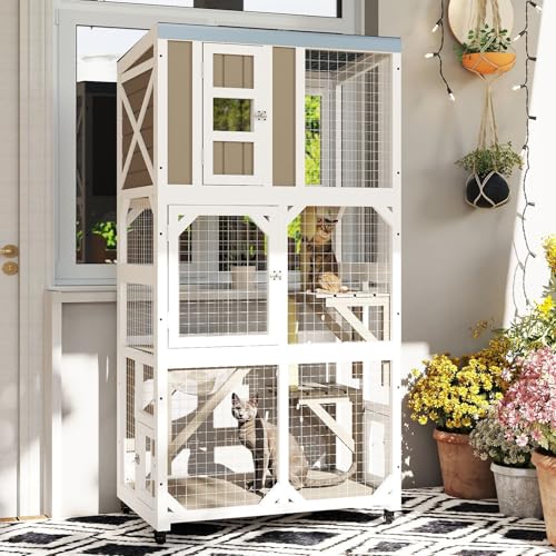 Image of Ketive 64 inch H Large Wooden Catio Outdoor Cat Enclosure with Wheels