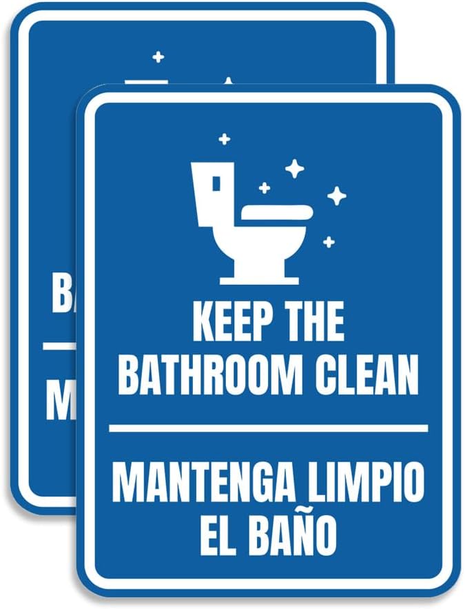 Signs ByLITA Portrait Round Keep The Bathroom Clean Door or Wall Sign | Spanish Bilingual Business And Office Restroom Hygiene Signs (Blue) - Large 2 Pack