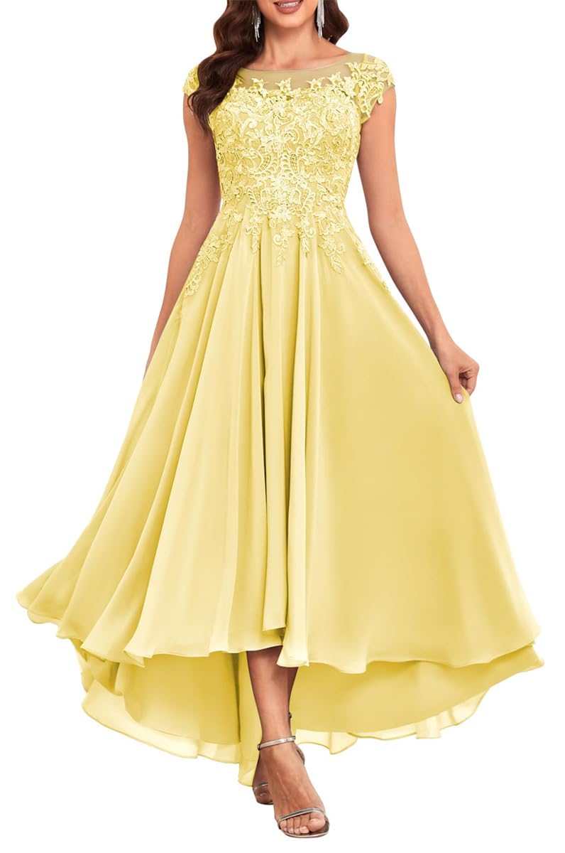 KURFACE Yellow Mother of The Bride Dress with Sleeves Pockets Tea Length Lace Appliques Chiffon Corset Evening Dress UK6