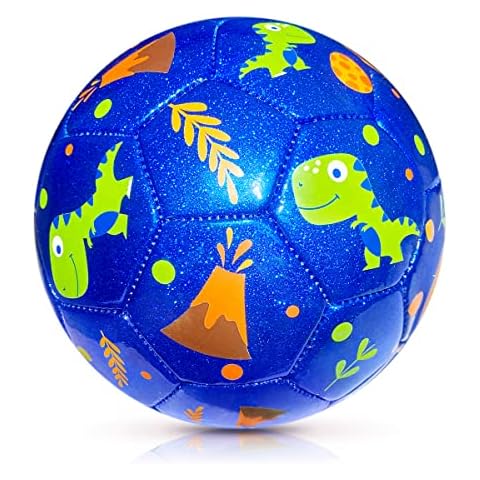INPODAK Kids Football Size 3, Dinosaur Football, Toddler Mini Cartoon Football with Pump, Garden Gift for Boys Girls 1 2 3 4 5 Years Old Glitter Blue Cover