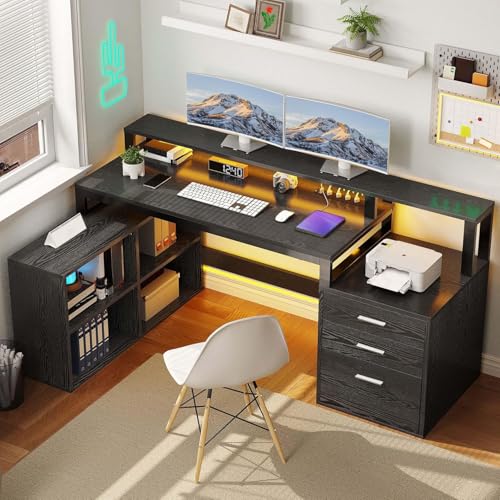 DWVO L Shaped Desk with Drawers, 65' Computer Desk with Power Outlets & LED Lights, Corner Home Office Desk with Storage Shelves & Printer Stand, Black