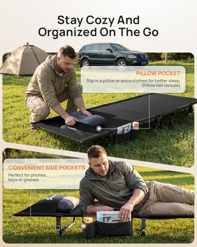 Sportneer Cuna de campamento: catres de dormir compactos extra anchos de 31.5 pulgadas con bolsillo lateral, cuna plegable ligera para camping, viajes, tienda de campaña, bolsa de transporte incluida, - imagen 7