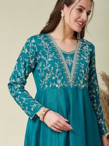 Image of MOKOSH Women's Silk Anarkali Kurta Pant with Dupatta | Anarkali Kurta Set | Embroidered | 3 Piece Outfit | Floral Ethnic Suit 4 Colour Options Available