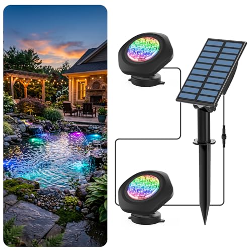 T SUN Luces solares para estanques, 2 luces para estanques Lámpara sumergible 18 LED Proyector de luz RGB Cambio de color IP65 Foco solar impermeable para jardín al aire libre Patio Iluminación