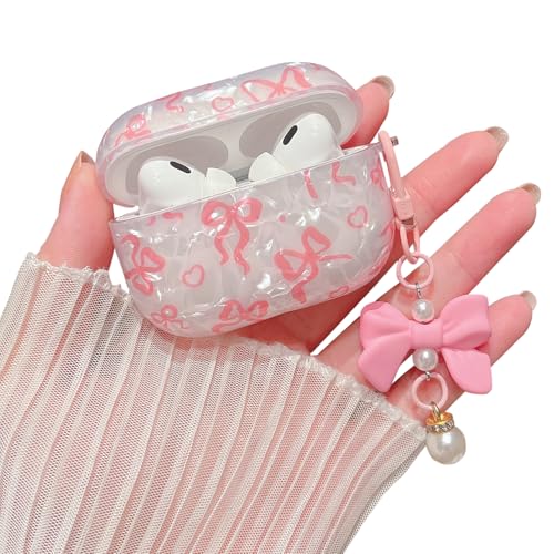 Image of MINSCOSE for Cute Glitter AirPods Pro 2nd /1st Generation Case,Shell Pattern Bow Ribbon Trendy Design with Bowknot Pearl Keychain,Protective Shockproof Cover for Airpods Pro /Pro 2-Pink