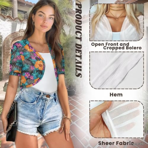 Image of Womens Short Sleeve Cardigans Lightweight Summer Cardigan Trendy Bolero Shrug Cute Floral Cardigan Sheer Bolero
