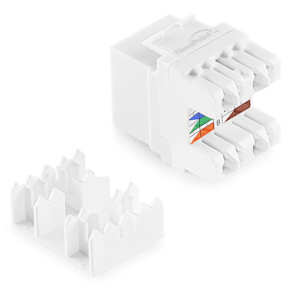 NavePoint 180 Degree Cat6 Keystone Jack, RJ45 Ethernet Connector, Type 110, White 50-Pack