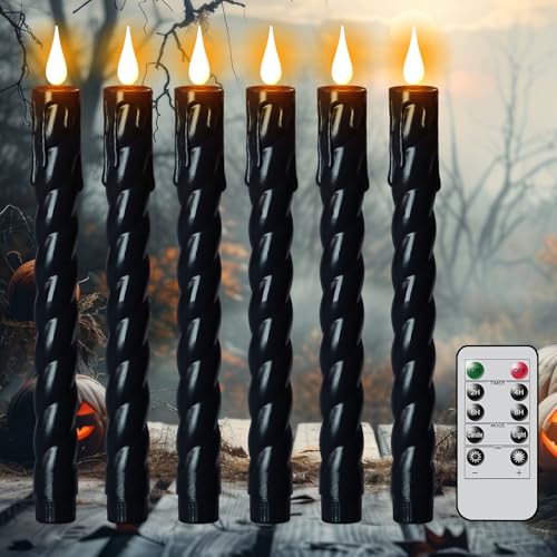 Image of Black Flameless Flickering Taper Candles Battery Operated with 10-Key Remote and Timer, 6 Pack Plastic 3D Wick Dripping Effect LED Taper Candles Dinner Halloween Decor(0.78 inch D x 9.65 inch H)