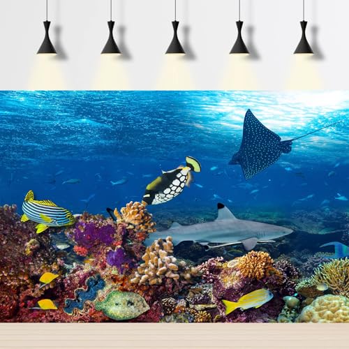 Image of Under The Sea Aquarium Background Sea Turtle Shark Tropical Fish Terrarium Background Deep Blue Sea with Sunbeams Fish Tank Backdrop Colorful Coral Reef Fish Group Ocean Backgrounds 30x18in