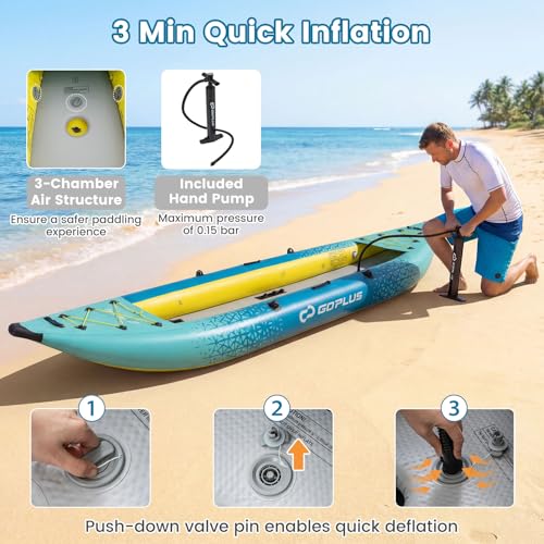 FANTASK kajak aufblasbar, Schlauchboot 2 Personen mit Aluminiumrudern, aufblasbares Kanu gepolstertem Eva-Sitz, Handpumpe & Reparaturset, Kayak 230 kg Gewichtskapazität mit Tragetasche (Türkisblau)