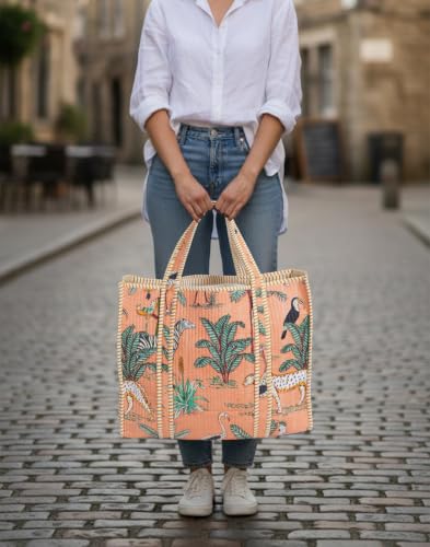 Image of Cotton Tiger Block Print Tote Bag, Indian Handmade Shopping Shoulder Bag, Unisex Market Daily Use