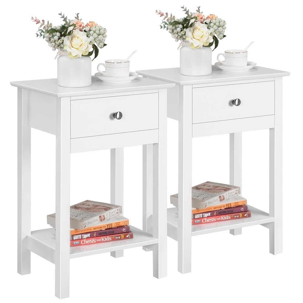 Yaheetech Lot de 2 Tables de Chevet Blanc Bois Table de Nuit Tables d'appoint avec Tiroir et étagère de Rangement pour Chambre Salon Bureau