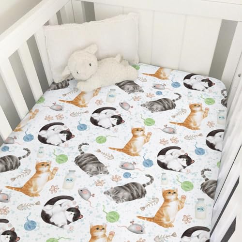Image of Watercolor Cats Baby Crib Sheets 52''x28'' - Cute Paws Milk Snug Fitted Mattress Cover for Boy Girl - Soft Nursery Bed Sheets for Standard Crib and Toddler Mattresses - Cat Lovers Gift