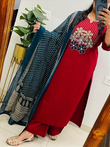 Image of BHARVITA Women's Cotton Embroidered Anarkali Kurta and Palazzo with Dupatta Set | A-line fit