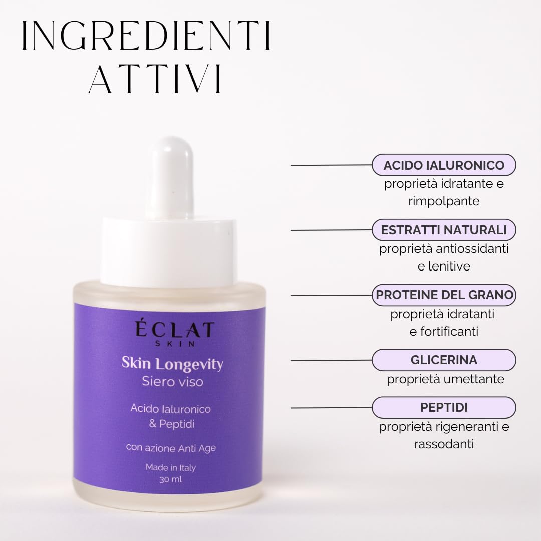 Siero Viso Antiage, Azione rimpolpante e antirughe, Effetto Filler, con Acido Ialuronico, Peptidi, Estratti Naturali, Ideale per Tutti i Tipi di Pelle, 30ML