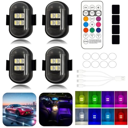 Newly Upgraded 4LEDs 4PCS Wireless LED Strobe Lights with Remote Control, 8 Colors Type-C Charge IP65 Waterproof Anti-Collision Warning Lights, for Car Interior Motorcycle Bike Drone RC Aircraft