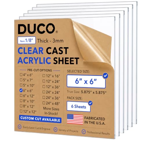 Duco 1/8" Clear Cast Acrylic Sheets, 6"x6" Plexiglass Sheets, 6 Pack