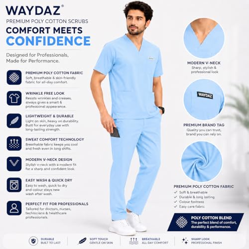 Image of Unisex Medical Scrub Suit Set, V-Neck Top with Pants, Short Sleeve, Polyester Cotton Blend, 7 Pockets, Regular Fit, Hospital Doctor Nurse Uniform