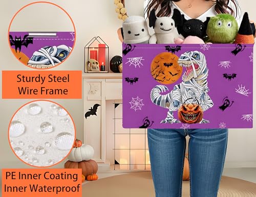 Image of Large Halloween Themed Candy Gift Boo Basket for Kids Baby Personalized Adults Storage Bin Fall Decor(Purple Dinosaur)