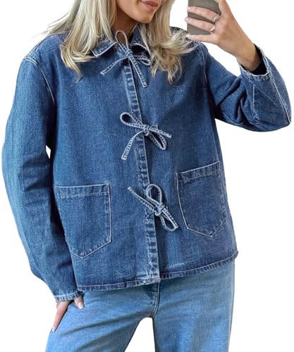 PLNOTME Womens Jean Jacket Tie Front Denim Shacket Tops Fall Fashion Long Sleeve Shirts Coat with Pockets