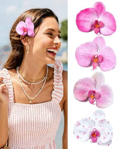 4Pcs Hawaiian Flower Hair Clips for Women - Vibrant Orchid & Hibiscus Hair Duckbill Clips Artificial Tropical Flower Clips for Summer Beach Vacation Boho Party (Orchid-pink)