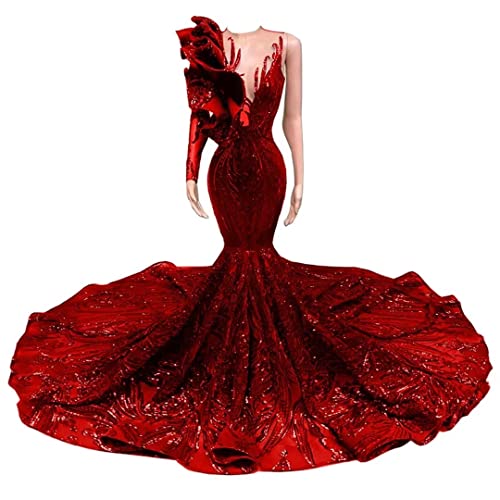 V-Neck Shiny Sequined Mermaid Long Prom One Shoulder Evening Shower Party Dress Women's Ball Gowns