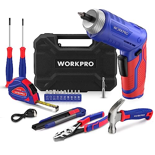 WORKPRO Home Tool Kit with 3.7V Rotatable Electric Screwdriver, 18PCS General Household Tool Kit with Toolbox, Rechargeable Electric Screwdriver Kit, Basic Portable Tool Set for Dorm, Garage, DIY