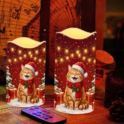 Image of Cat Christmas Flameless LED Candles Set of 4 | Xmas Battery Operated Candles with Remote Control, Electric Pillar Candles for Holiday Party Decorations