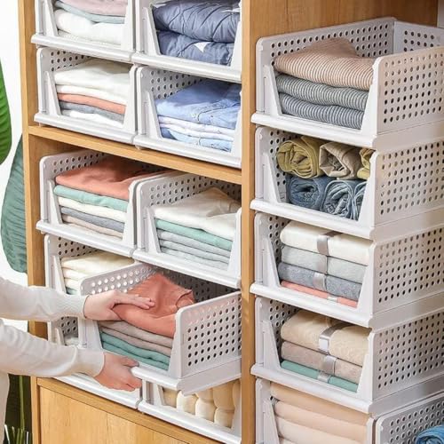 Image of HOMIFLY Pack of 10 Large Foldable Cloth Storage Organizer /Stackable Wardrobe Organizer For Clothes /Multipurpose Sliding Basket /Rack Organiser Storage /Shirt Stacker Box (44 x 33 x 181 cm, White)