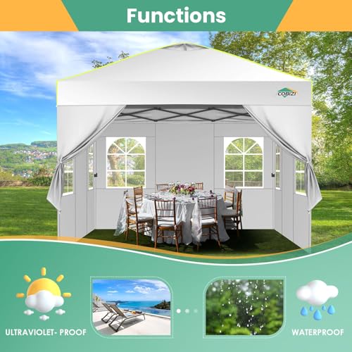 Image of COBIZI 10x10 Pop Up Canopy - One Push Setup Tent, Glow Strips, 4 Sidewalls