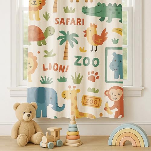 Image of STITCHNEST Velvet Kids Curtains Pack of 1 | Zoo Safari Animal Print | Semi Blackout Curtains for Baby Room, Nursery & Toddler Bedroom | 5 Feet