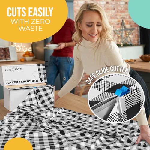 Image of Party Solids 54 Inch X 100 Feet Black Gingham Plastic Table Cover Roll in A Cut - to - Size Box with Convenient Slide Cutter. Cuts Up to 12 Rectangle 8 Feet Plastic Disposable Tablecloths