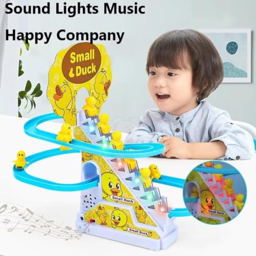 Image of Slide Toy Race Duck Track Set, Funny Automatic Stair-Climbing Ducklings Cartoon Roller Coaster Escalator Toy with Flashing Lights & Music