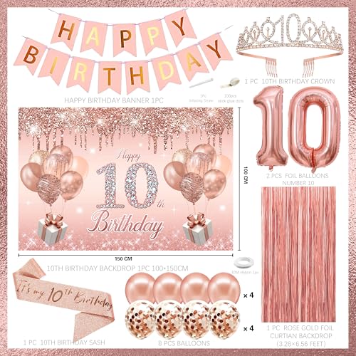 Image of 10th Birthday Decorations for Girls,Banner,Backdrop, it's my 10th Birthday Sash, Sweet Rhinestone Tiara Crown,Balloons