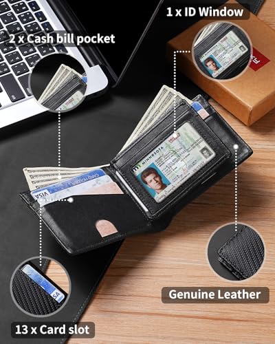 Image of Artpaxy Mens Wallet Bifold Genuine Leather RFID Blocking Wallet for Men with 1 ID Windows 13 Card Holders 2 cash pockets 1 Gift Box