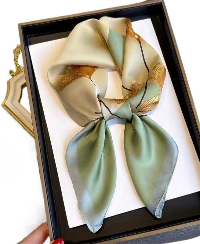 Lenço Feminino Cetim Acetinado Estampa Folha Ginkgo, Cachecol Elegante Estilo Seda para Pescoço, Bolsa e Cabelo
