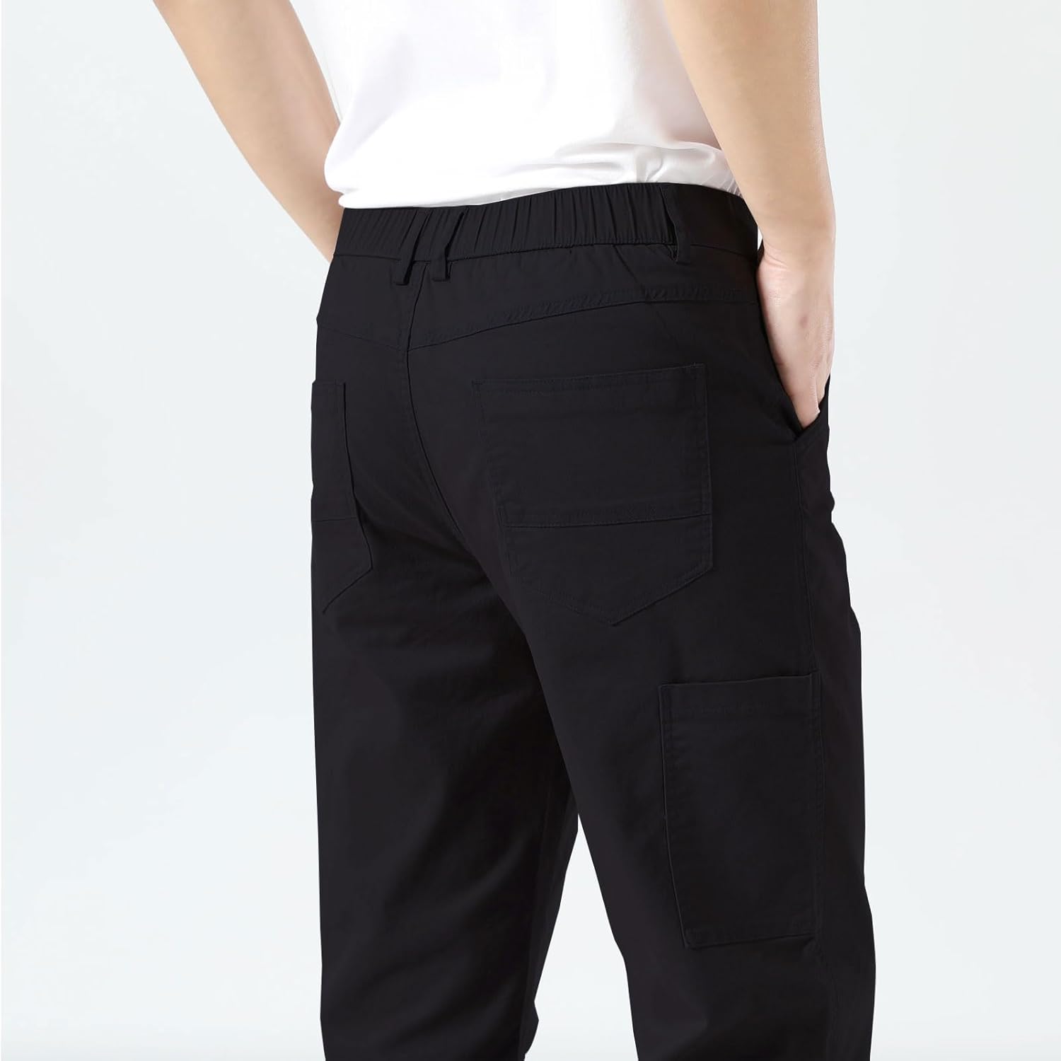 Plaid&Plain Men's Khaki Pants Stretchy Straight Fit with Side Pocket and Elastic Waistband - Image 3