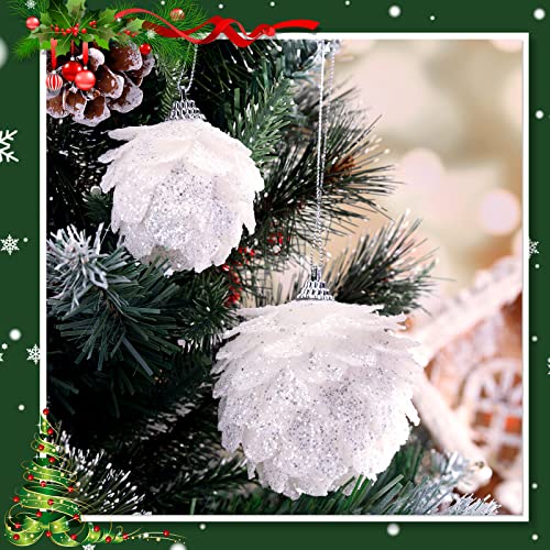 Christmas Ball Ornaments White Pinecone Hanging Ornament Artificial Christmas Tree Ornaments Glitter Christmas Flower Ornaments Faux Flowers Ornaments For Xmas Decor (8 Pieces,3.15, 2.36 Inch) #TOP5