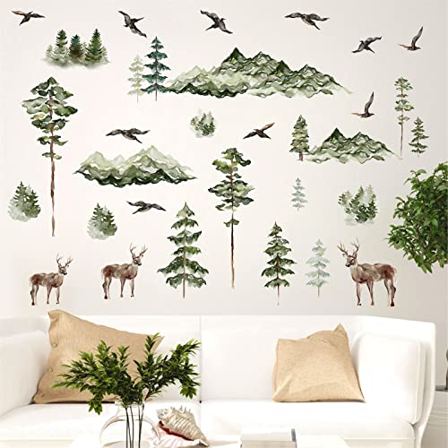 Mountain Wall Decals Peel And Stick Tree Mountain Wall Stickers Woodland Animal Wall Stickers Watercolor Green Pine Tree Wall Decals Tree Deer Forest Animal Wall Decals For Nursery Bedroom Decor #TOP2
