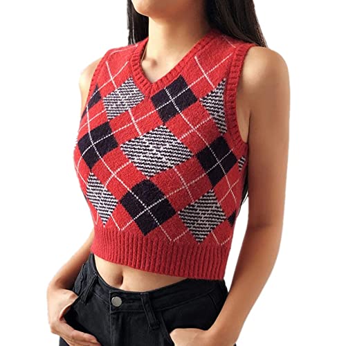 Image of Women's Sweater Vest,Y2K Sleeveless Pattern Preppy Style Knitted Crop Tank Top for Girl