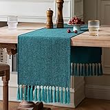 ZeeMart Blue Table Runners 36 Inches Long, Burlap Linen Style Rustic Farmhouse Table Runner, Small...