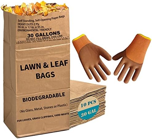 10 Count 30 Gallon Lawn and Leaf Bags with Gardening Gloves, 2-Ply Heavy Duty Large Kraft Paper Bags | Tear Resistant Yard Waste Bags for Grass Clippings, Wet and Dry Leaves, Weeds, and Twigs